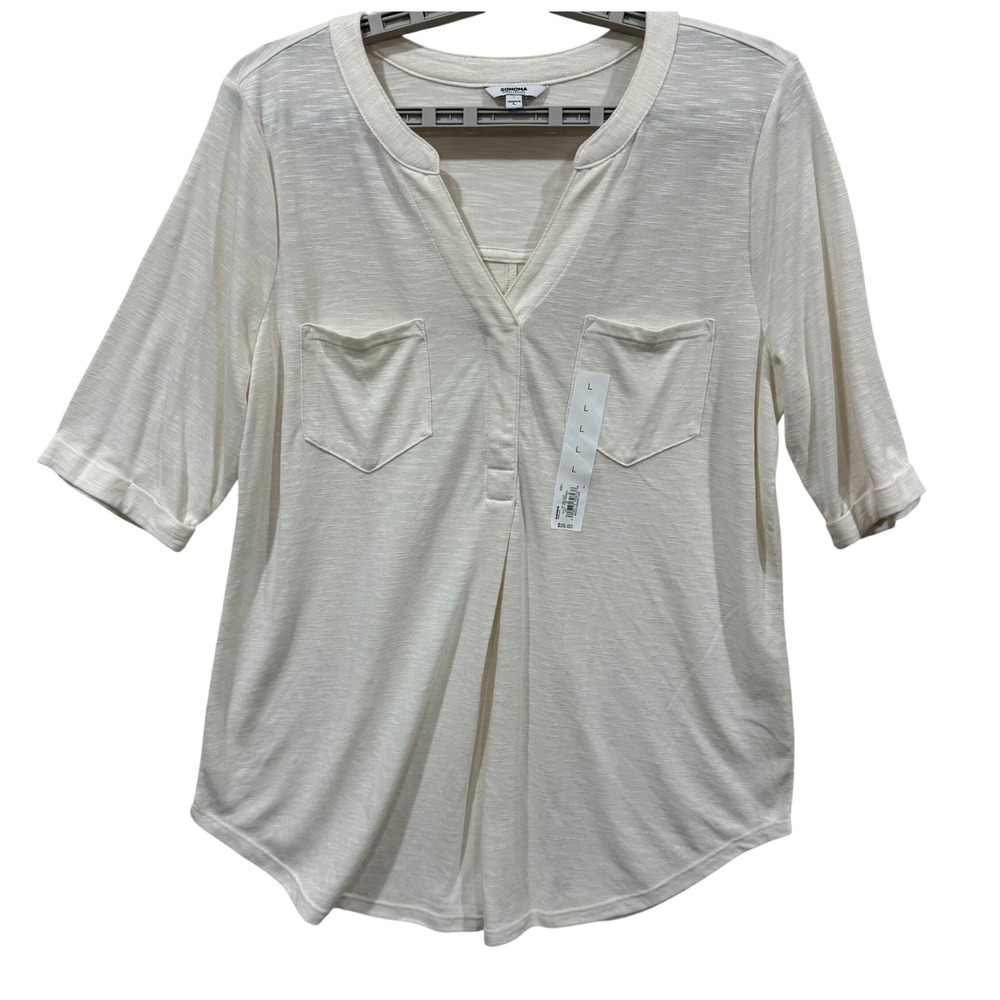 Sonoma Goods For Life Womens Sea Salt Slub Knit Split Neck Top Cream Large NEW